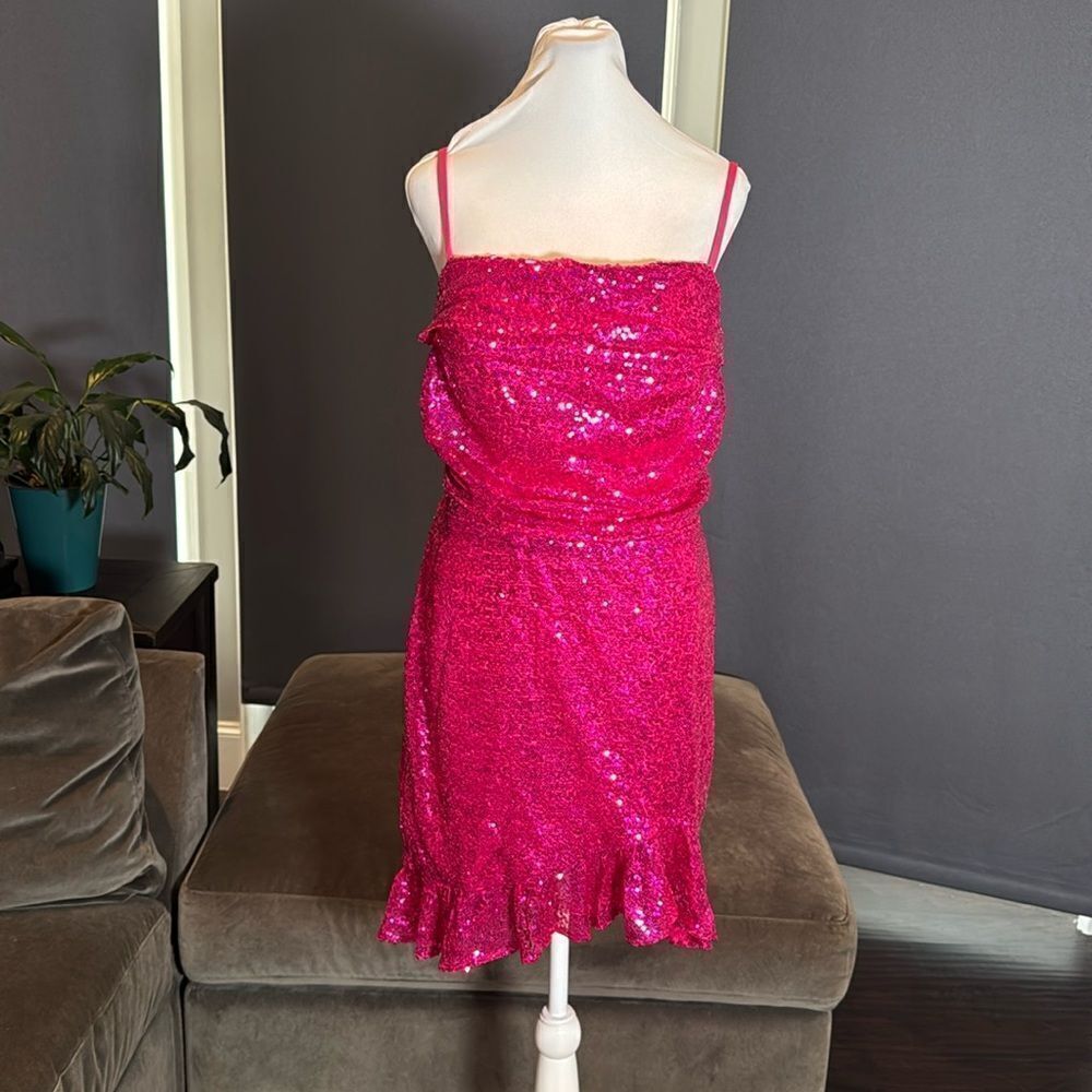 Women’s Pink Sequined Short Homecoming Party Dress Ruffle Hem CorsetBack Size 12